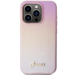 Guess Saffiano Iridescent Script dėklas iPhone 14 Pro Max - rožinis