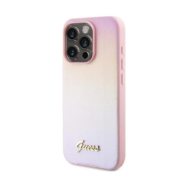 Guess Saffiano Iridescent Script dėklas iPhone 14 Pro Max - rožinis