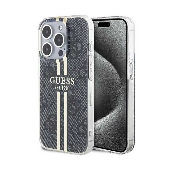 Guess IML 4G Gold Stripe dėklas iPhone 15 Pro - juodas