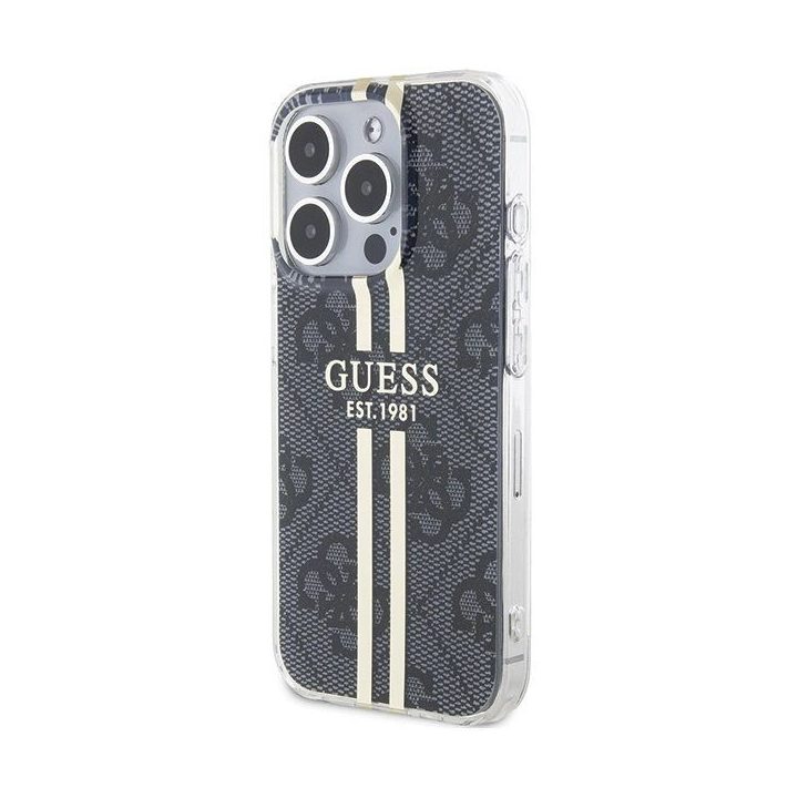 Guess IML 4G Gold Stripe dėklas iPhone 15 Pro - juodas