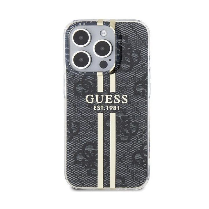 Guess IML 4G Gold Stripe dėklas iPhone 15 Pro - juodas
