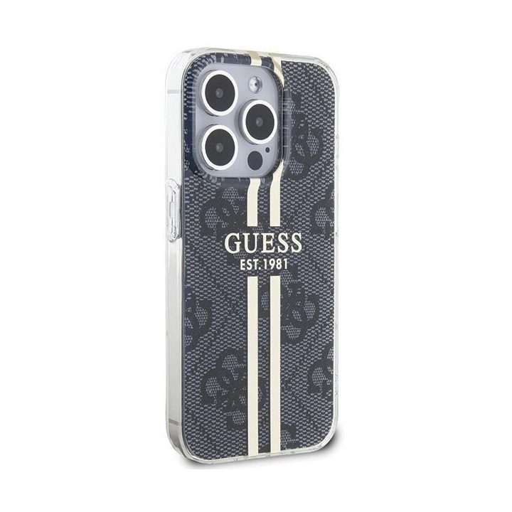 Guess IML 4G Gold Stripe dėklas iPhone 15 Pro - juodas