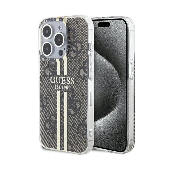 Guess IML 4G Gold Stripe dėklas iPhone 15 Pro - rudas