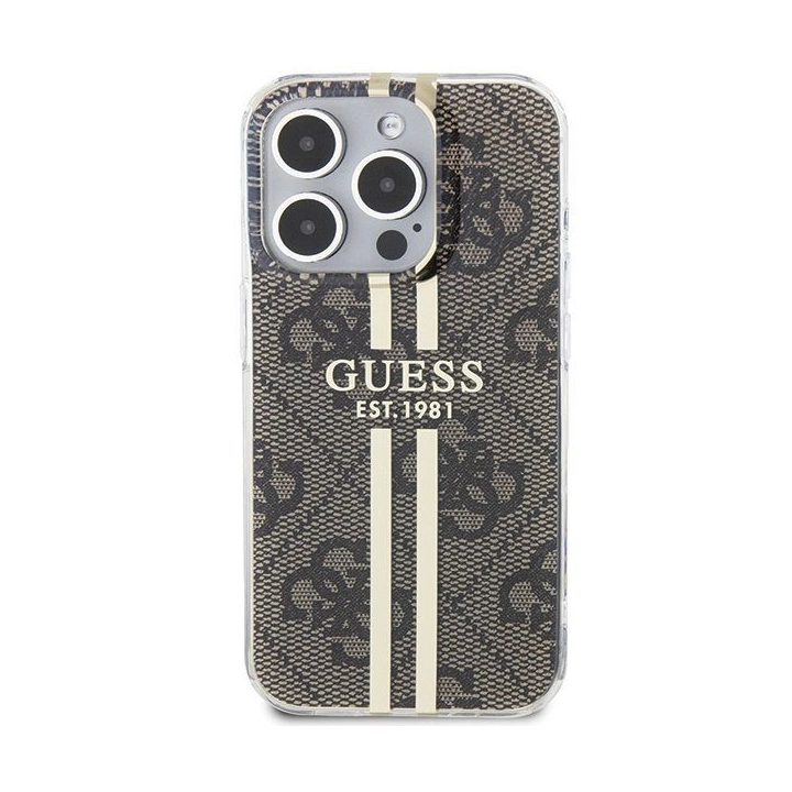 Guess IML 4G Gold Stripe dėklas iPhone 15 Pro - rudas