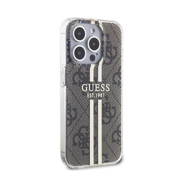 Guess IML 4G Gold Stripe dėklas iPhone 15 Pro - rudas