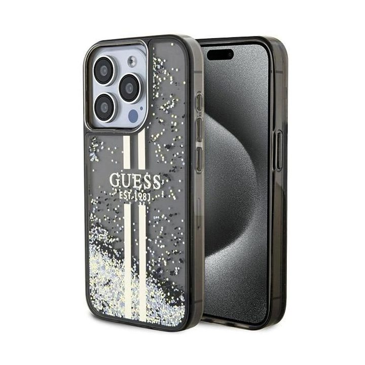 Guess Liquid Glitter Gold Stripes dėklas iPhone 15 Pro - juodas