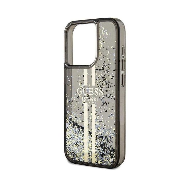 Guess Liquid Glitter Gold Stripes dėklas iPhone 15 Pro - juodas