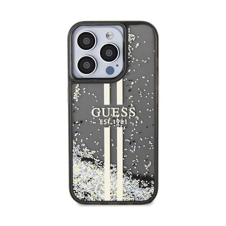 Guess Liquid Glitter Gold Stripes dėklas iPhone 15 Pro - juodas