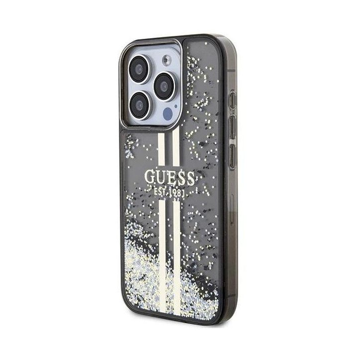 Guess Liquid Glitter Gold Stripes dėklas iPhone 15 Pro - juodas