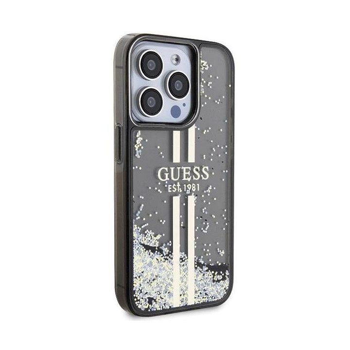 Guess Liquid Glitter Gold Stripes dėklas iPhone 15 Pro - juodas