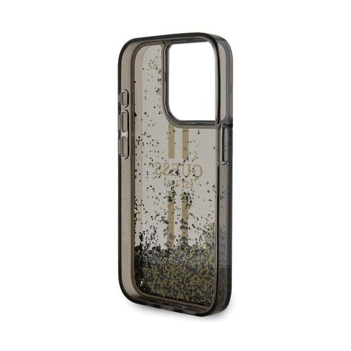 Guess Liquid Glitter Gold Stripes dėklas iPhone 15 Pro - juodas