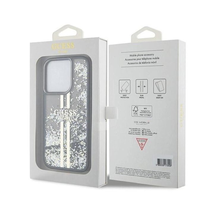 Guess Liquid Glitter Gold Stripes dėklas iPhone 15 Pro - juodas
