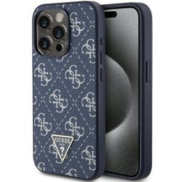 Guess 4G trikampio formos metalinis dėklas su logotipu iPhone 15 Pro - mėlynas