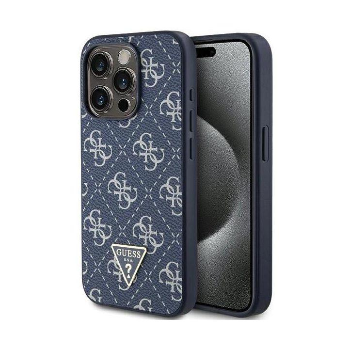 Guess 4G trikampio formos metalinis dėklas su logotipu iPhone 15 Pro - mėlynas
