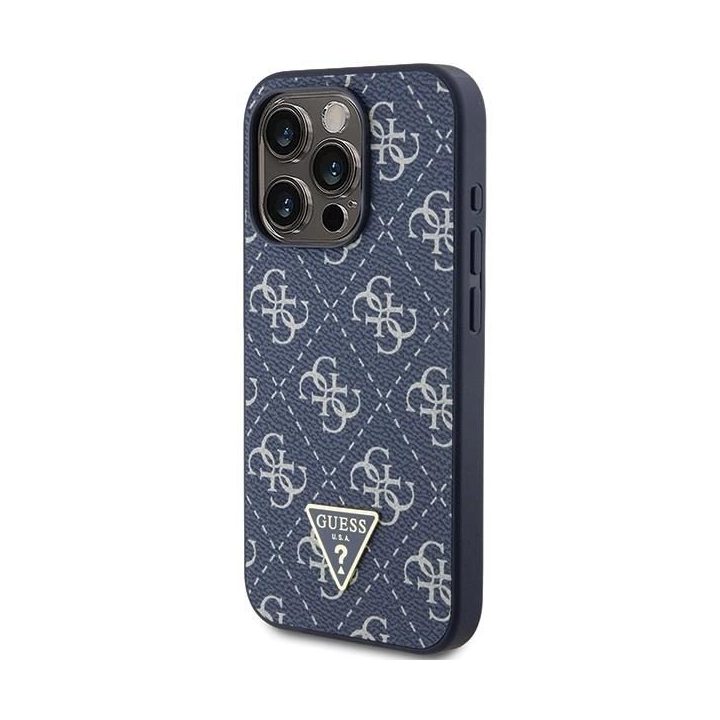 Guess 4G trikampio formos metalinis dėklas su logotipu iPhone 15 Pro - mėlynas