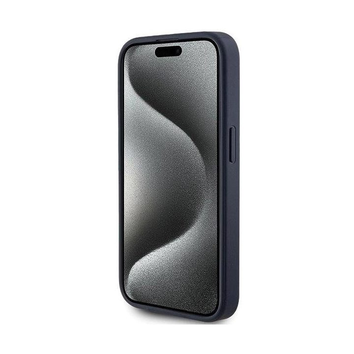 Guess 4G trikampio formos metalinis dėklas su logotipu iPhone 15 Pro - mėlynas