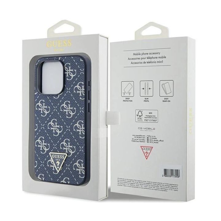 Guess 4G trikampio formos metalinis dėklas su logotipu iPhone 15 Pro - mėlynas