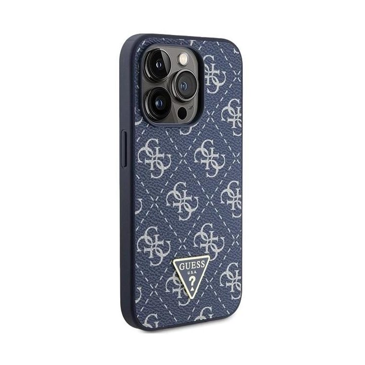 Guess 4G trikampio formos metalinis dėklas su logotipu iPhone 15 Pro - mėlynas