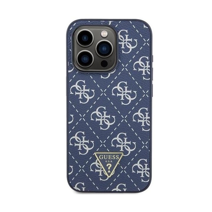Guess 4G trikampio formos metalinis dėklas su logotipu iPhone 15 Pro - mėlynas