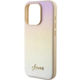 Guess Saffiano Iridescent Script dėklas iPhone 15 Pro - auksinis