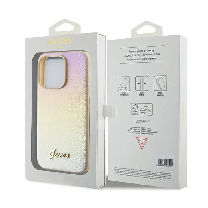 Guess Saffiano Iridescent Script dėklas iPhone 15 Pro - auksinis