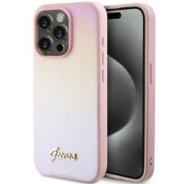 Guess Saffiano Iridescent Script dėklas iPhone 15 Pro - rožinis