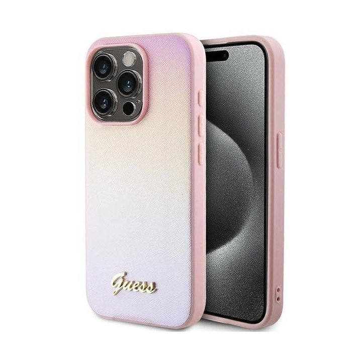 Guess Saffiano Iridescent Script dėklas iPhone 15 Pro - rožinis