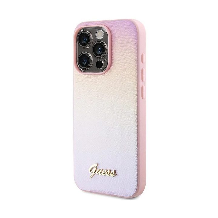 Guess Saffiano Iridescent Script dėklas iPhone 15 Pro - rožinis
