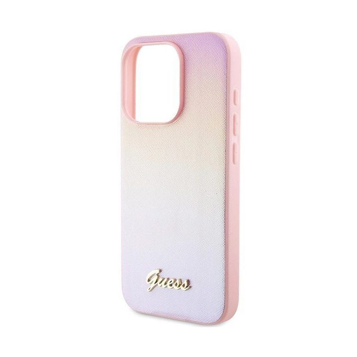 Guess Saffiano Iridescent Script dėklas iPhone 15 Pro - rožinis