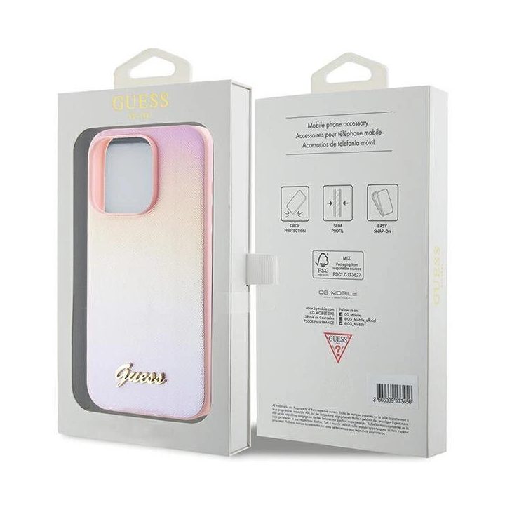 Guess Saffiano Iridescent Script dėklas iPhone 15 Pro - rožinis