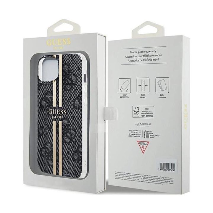 Guess IML 4G Gold Stripe dėklas iPhone 15 Plus / 14 Plus - juodas