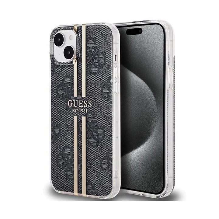 Guess IML 4G Gold Stripe dėklas iPhone 15 Plus / 14 Plus - juodas