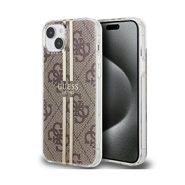 Guess IML 4G Gold Stripe dėklas iPhone 15 Plus / 14 Plus - rudas