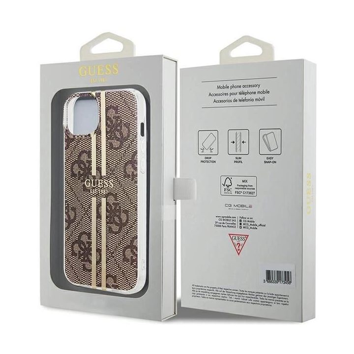Guess IML 4G Gold Stripe dėklas iPhone 15 Plus / 14 Plus - rudas