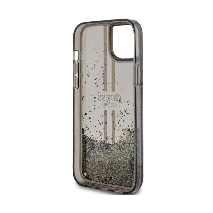 Guess Liquid Glitter Gold Stripes dėklas iPhone 15 Plus / 14 Plus - juodas