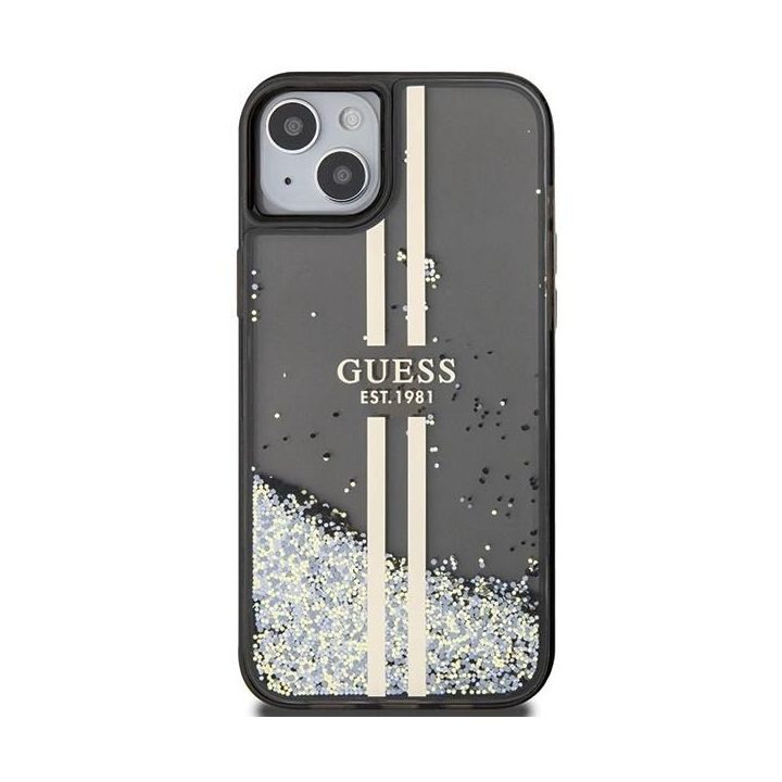 Guess Liquid Glitter Gold Stripes dėklas iPhone 15 Plus / 14 Plus - juodas