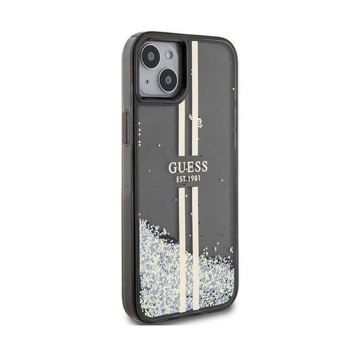 Guess Liquid Glitter Gold Stripes dėklas iPhone 15 Plus / 14 Plus - juodas