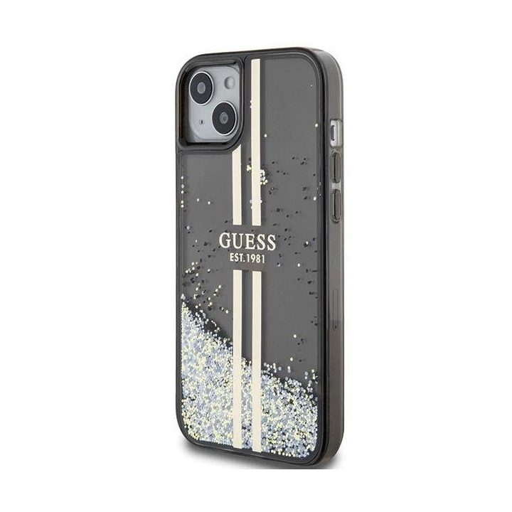 Guess Liquid Glitter Gold Stripes dėklas iPhone 15 Plus / 14 Plus - juodas