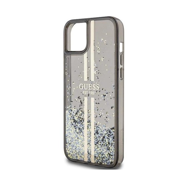 Guess Liquid Glitter Gold Stripes dėklas iPhone 15 Plus / 14 Plus - juodas