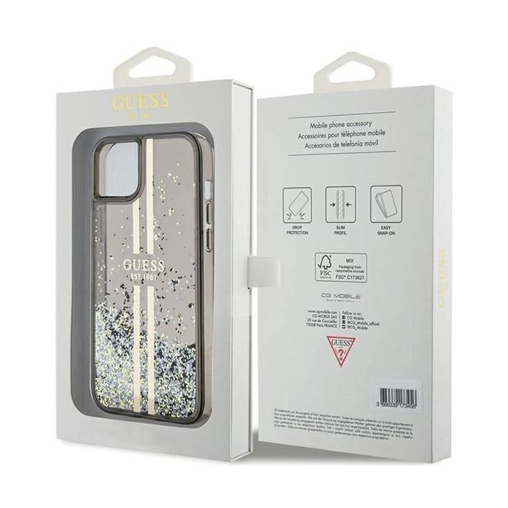 Guess Liquid Glitter Gold Stripes dėklas iPhone 15 Plus / 14 Plus - juodas