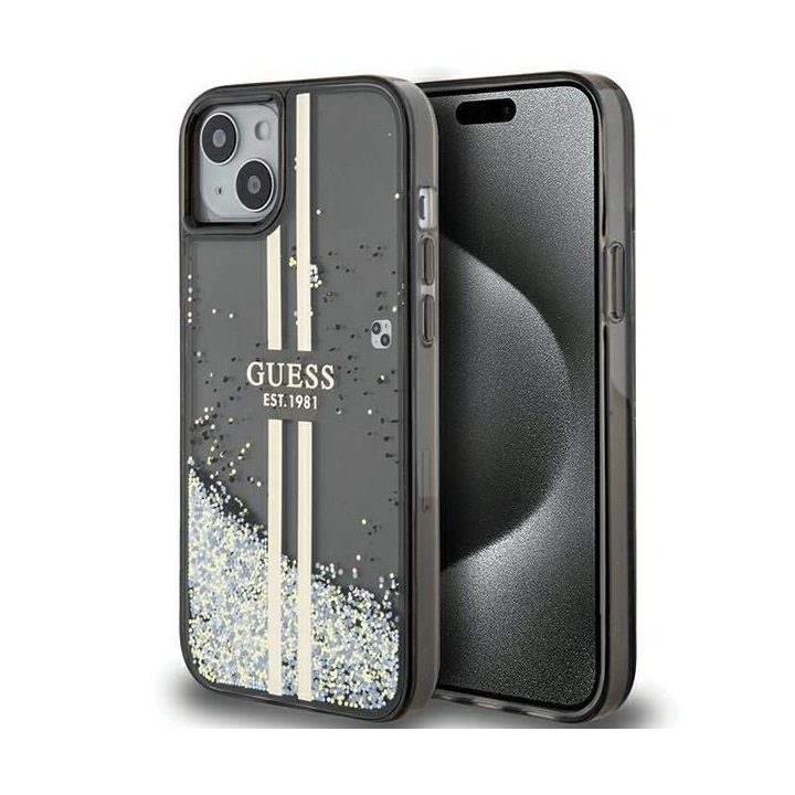 Guess Liquid Glitter Gold Stripes dėklas iPhone 15 Plus / 14 Plus - juodas