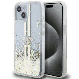 Guess Liquid Glitter Gold Stripes dėklas iPhone 15 Plus / 14 Plus - skaidrus