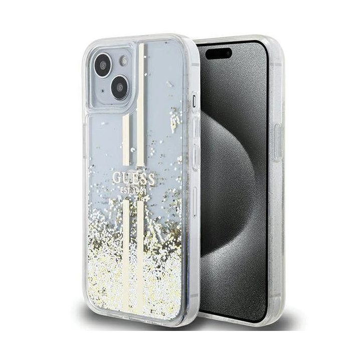Guess Liquid Glitter Gold Stripes dėklas iPhone 15 Plus / 14 Plus - skaidrus