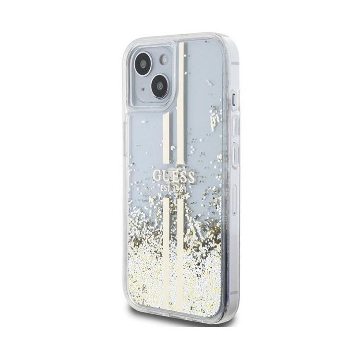Guess Liquid Glitter Gold Stripes dėklas iPhone 15 Plus / 14 Plus - skaidrus