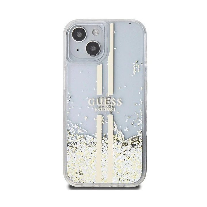 Guess Liquid Glitter Gold Stripes dėklas iPhone 15 Plus / 14 Plus - skaidrus