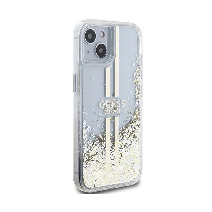 Guess Liquid Glitter Gold Stripes dėklas iPhone 15 Plus / 14 Plus - skaidrus