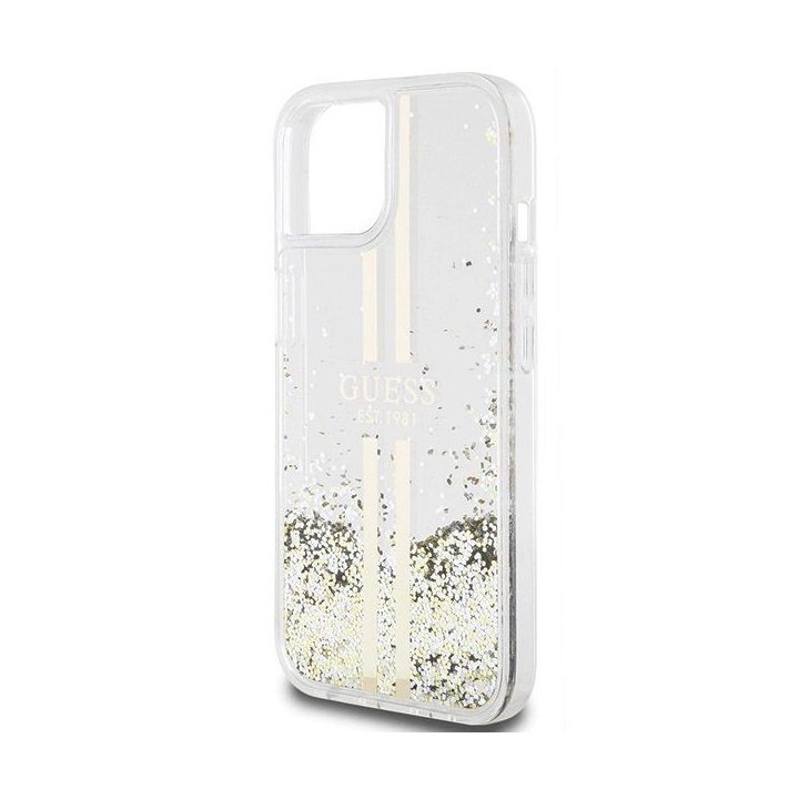 Guess Liquid Glitter Gold Stripes dėklas iPhone 15 Plus / 14 Plus - skaidrus