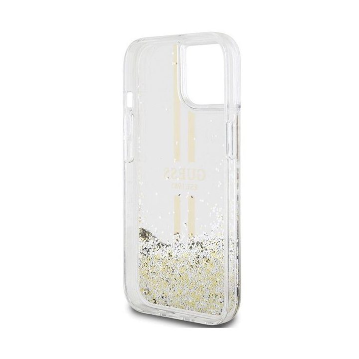 Guess Liquid Glitter Gold Stripes dėklas iPhone 15 Plus / 14 Plus - skaidrus