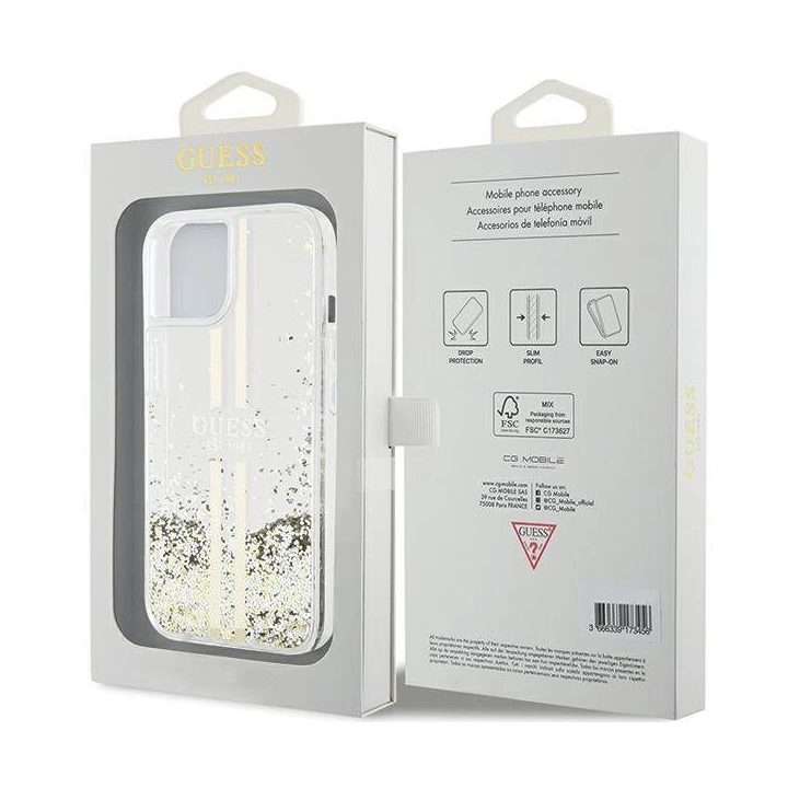 Guess Liquid Glitter Gold Stripes dėklas iPhone 15 Plus / 14 Plus - skaidrus