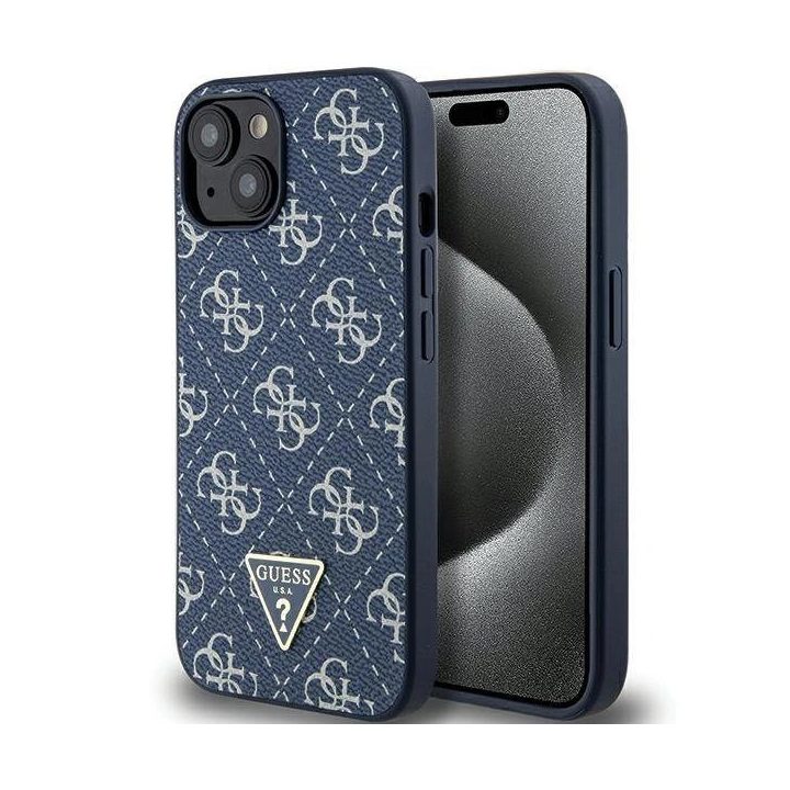 Guess 4G trikampio formos metalinis dėklas su logotipu iPhone 15 Plus / 14 Plus - mėlynas